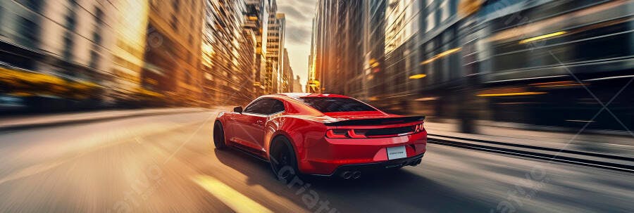 Carro esportivo vermelho em alta velocidade na cidade ao pôr do sol
