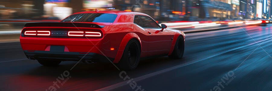 Carro esportivo vermelho em movimento rápido na cidade noturna com rastros de luz