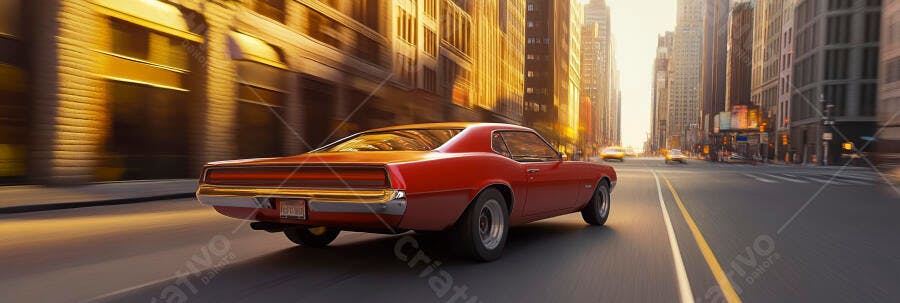 Carro esportivo vermelho vintage em movimento na rua da cidade ao entardecer
