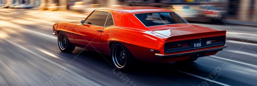 Carro esportivo clássico vermelho correndo na cidade ao pôr do sol