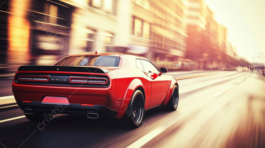 Carro esportivo vermelho Dodge Challenger correndo na rua da cidade ao crepúsculo