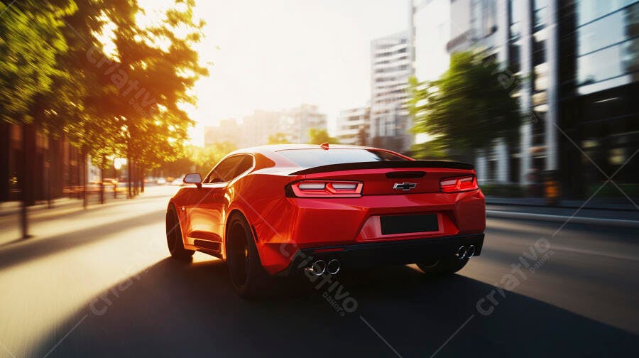 Carro esportivo vermelho dirigindo na cidade ao pôr do sol