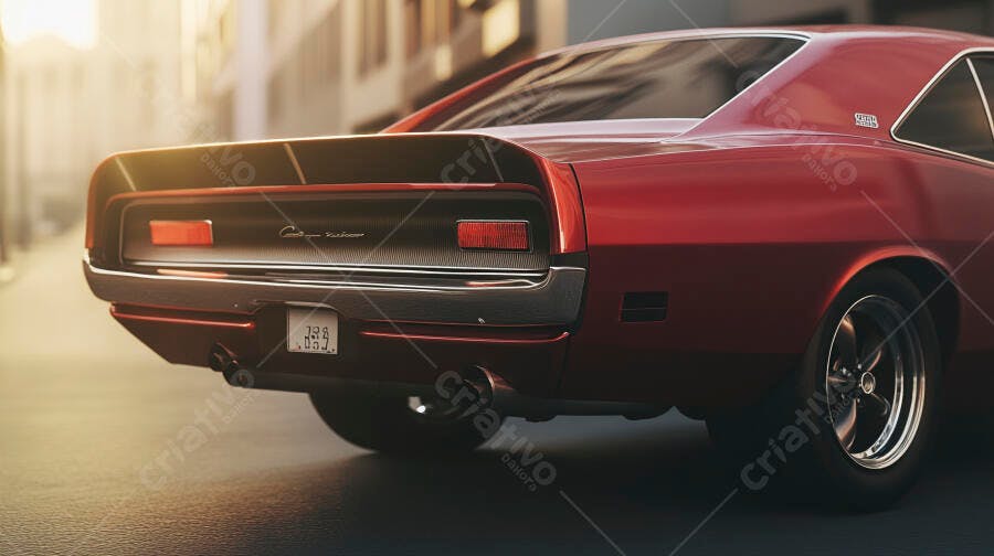 Muscle car vermelho clássico Dodge Charger na rua ao pôr do sol urbano