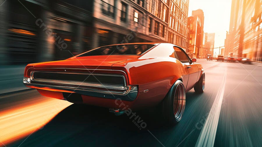 Carro esportivo vermelho dirigindo rápido na cidade ao pôr do sol