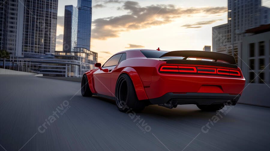 Carro esportivo vermelho em alta velocidade na cidade ao pôr do sol