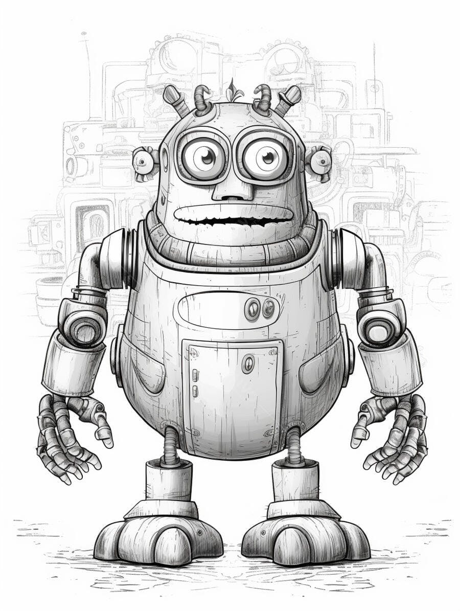 Robô cinza ilustração estilo cartoon com olhos grandes em fundo industrial