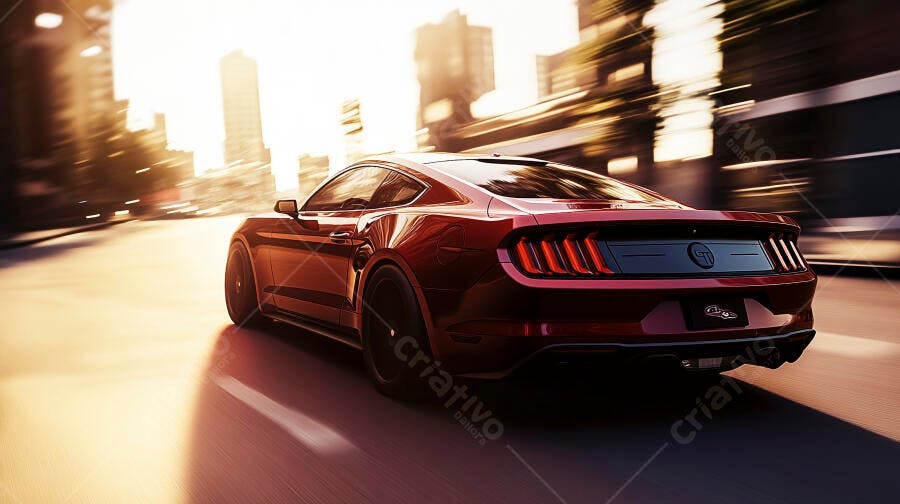 Carro esportivo vermelho Ford Mustang GT em alta velocidade na cidade ao pôr do sol