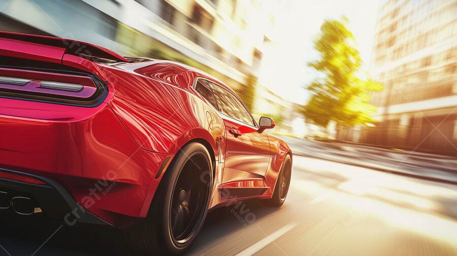Carro esportivo vermelho em alta velocidade na cidade ensolarada