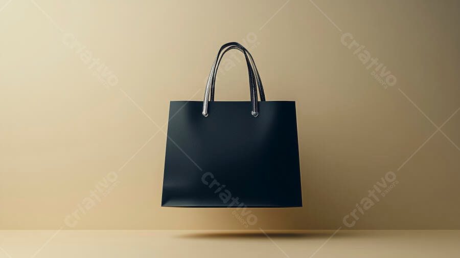 Sacola preta com alças prateadas flutuando em fundo bege minimalista
