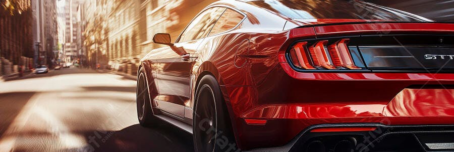 Carro esportivo vermelho Mustang STT em alta velocidade na rua da cidade ao entardecer