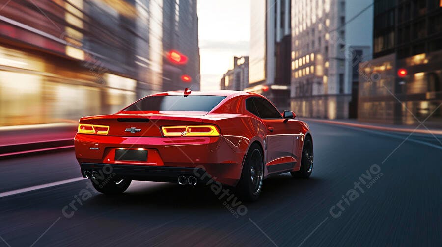 Carro esportivo vermelho Camaro dirigindo rápido em rua de cidade ao entardecer