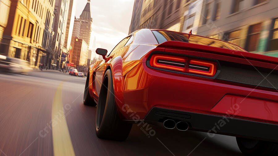 Carro esportivo vermelho em alta velocidade na rua da cidade ao pôr do sol