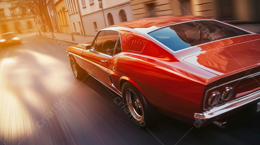 Carro clássico vermelho em alta velocidade na cidade ao pôr do sol