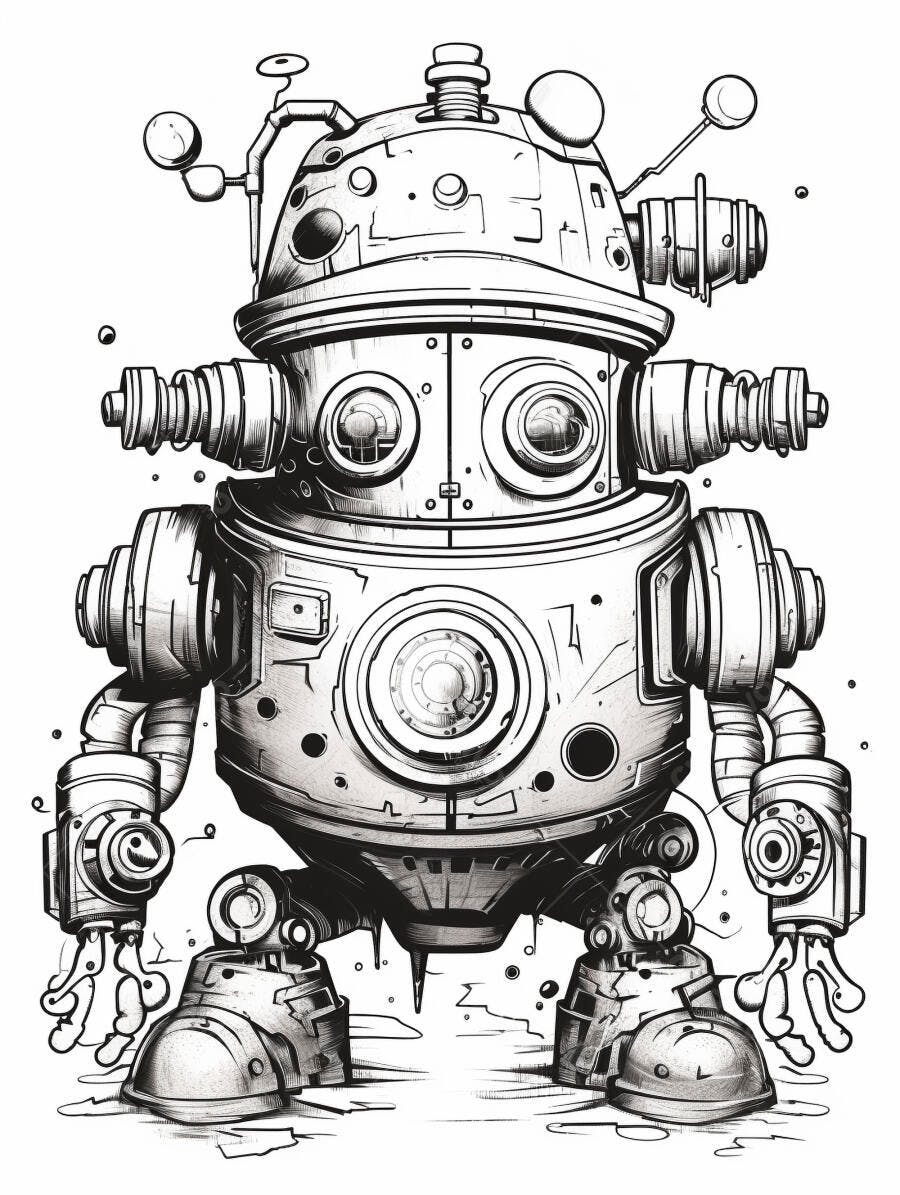 Robô retro-futurista ilustração preto e branco com detalhes complexos
