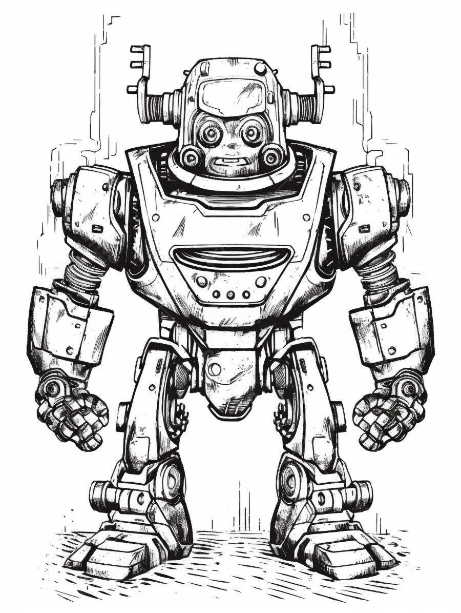 Robô detalhado em preto e branco ilustração mecânica futurista