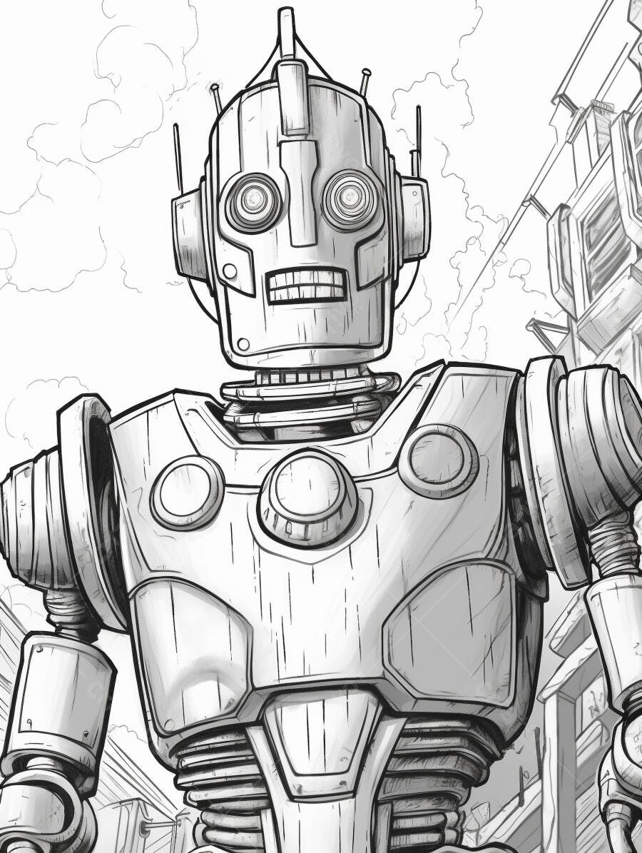 Robô vintage em desenho preto e branco com fundo urbano