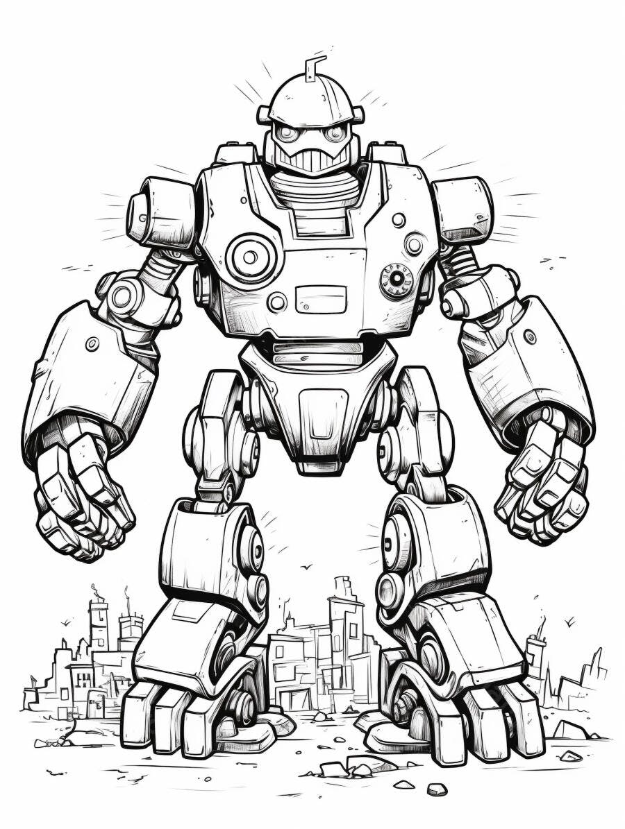 Robô mecânico gigante com armadura robusta e skyline urbano desenhado em linha