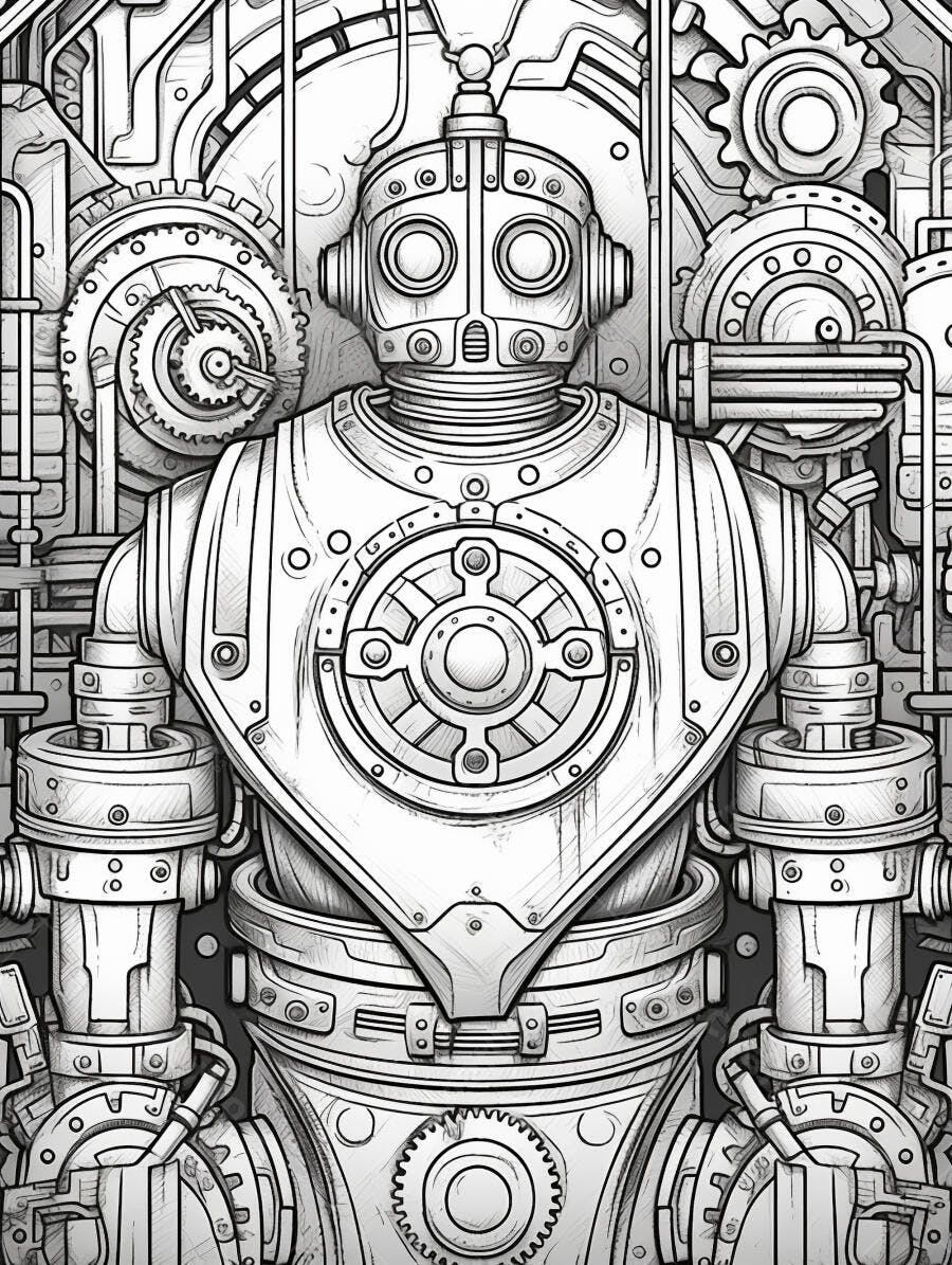 Desenho de robô steampunk intrincado em preto e branco com engrenagens e tubulações