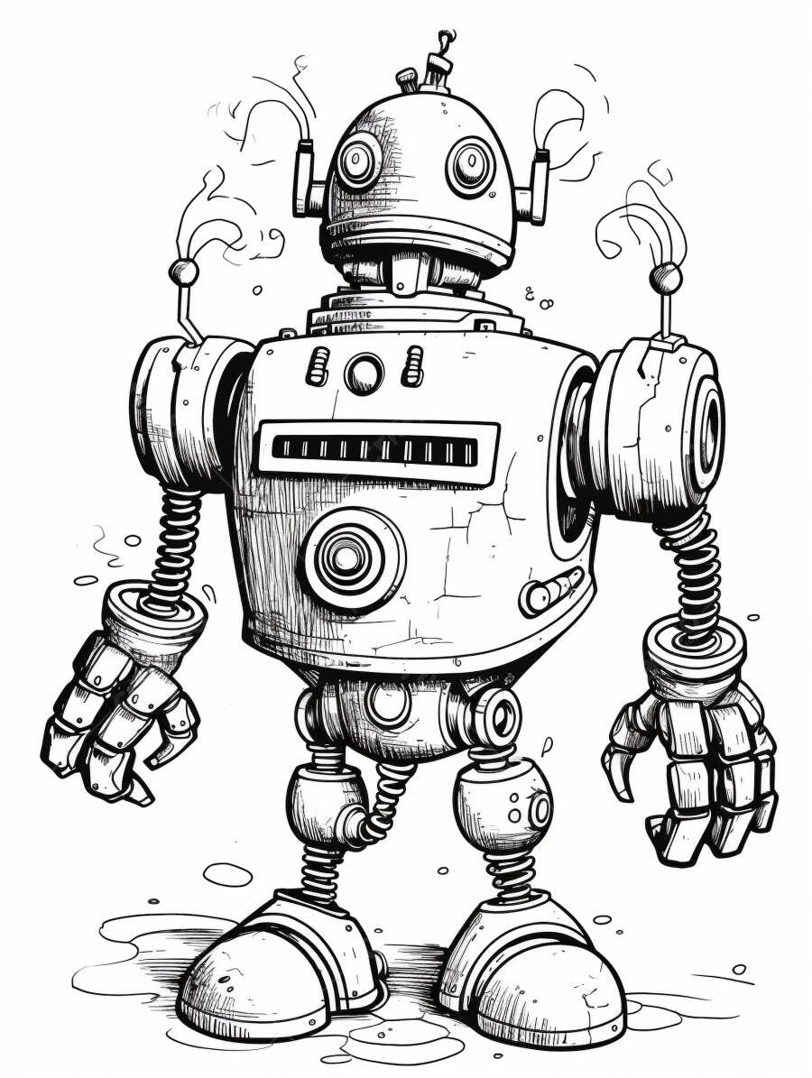 Robô vintage de desenho animado em preto e branco com fumaça