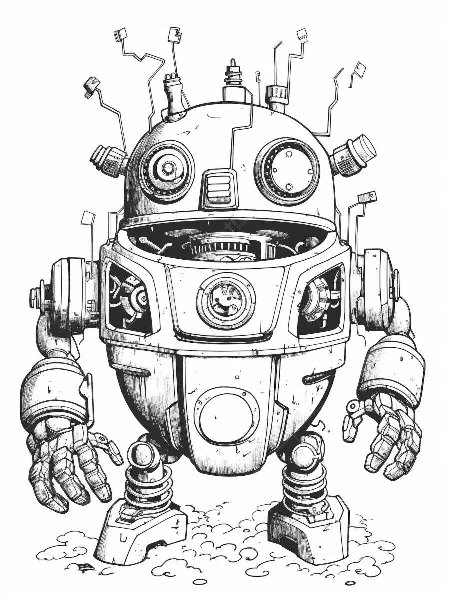 Robô vintage desenho a tinta detalhes mecânicos estilo steampunk