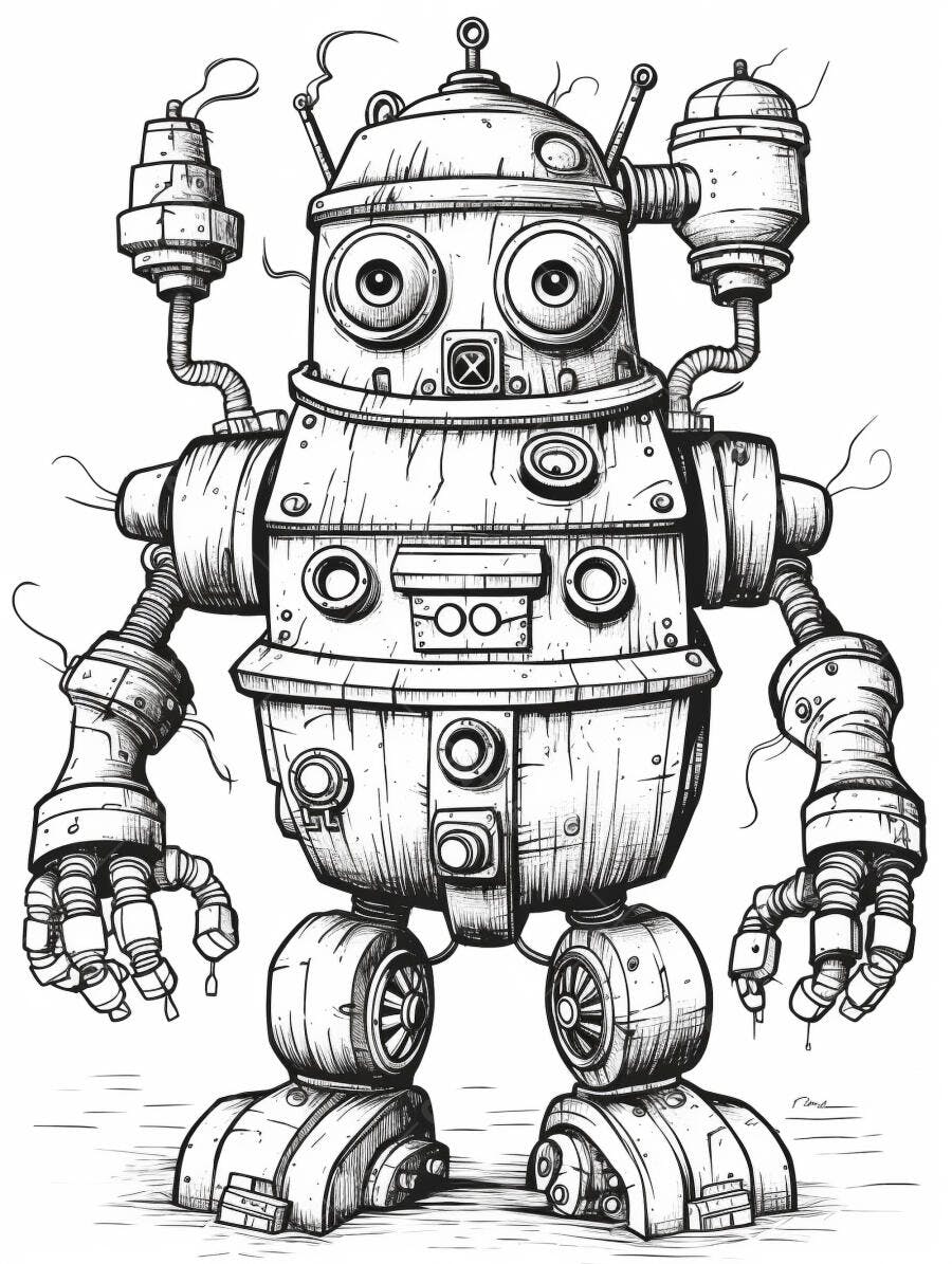 Robô vintage ilustração preta e branca com grandes olhos e detalhes mecânicos