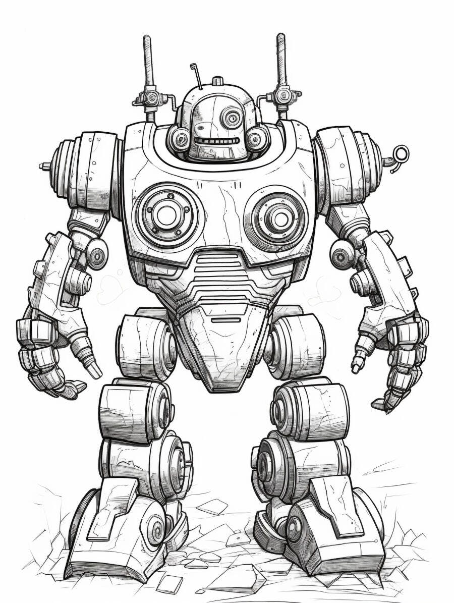 Robô bípede desenho de linha estilo vintage em pé sobre superfície rachada