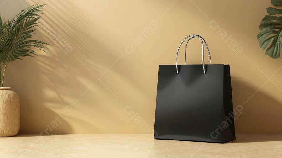 Sacola de compras preta minimalista em ambiente bege com plantas e sombras