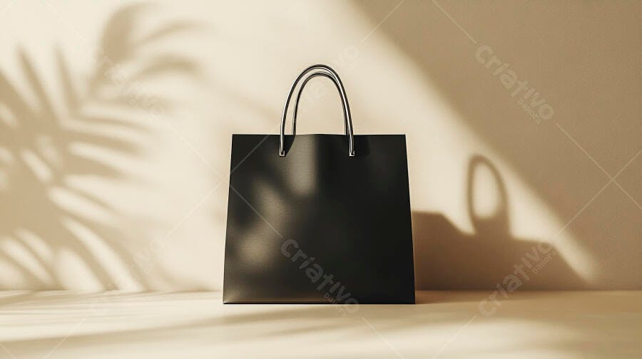 Sacola de compras preta com alças cromadas e sombras de folhagem em fundo bege