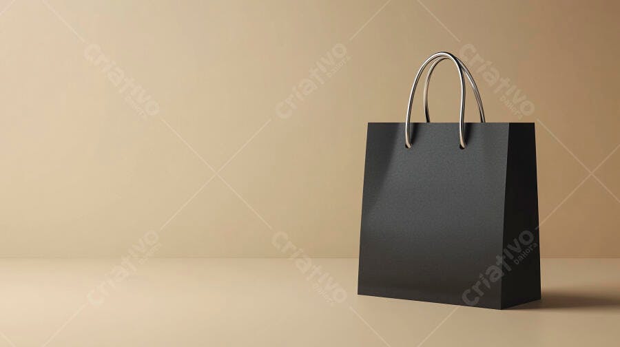 Sacola de compras preta minimalista em estúdio bege clara com alças prateadas