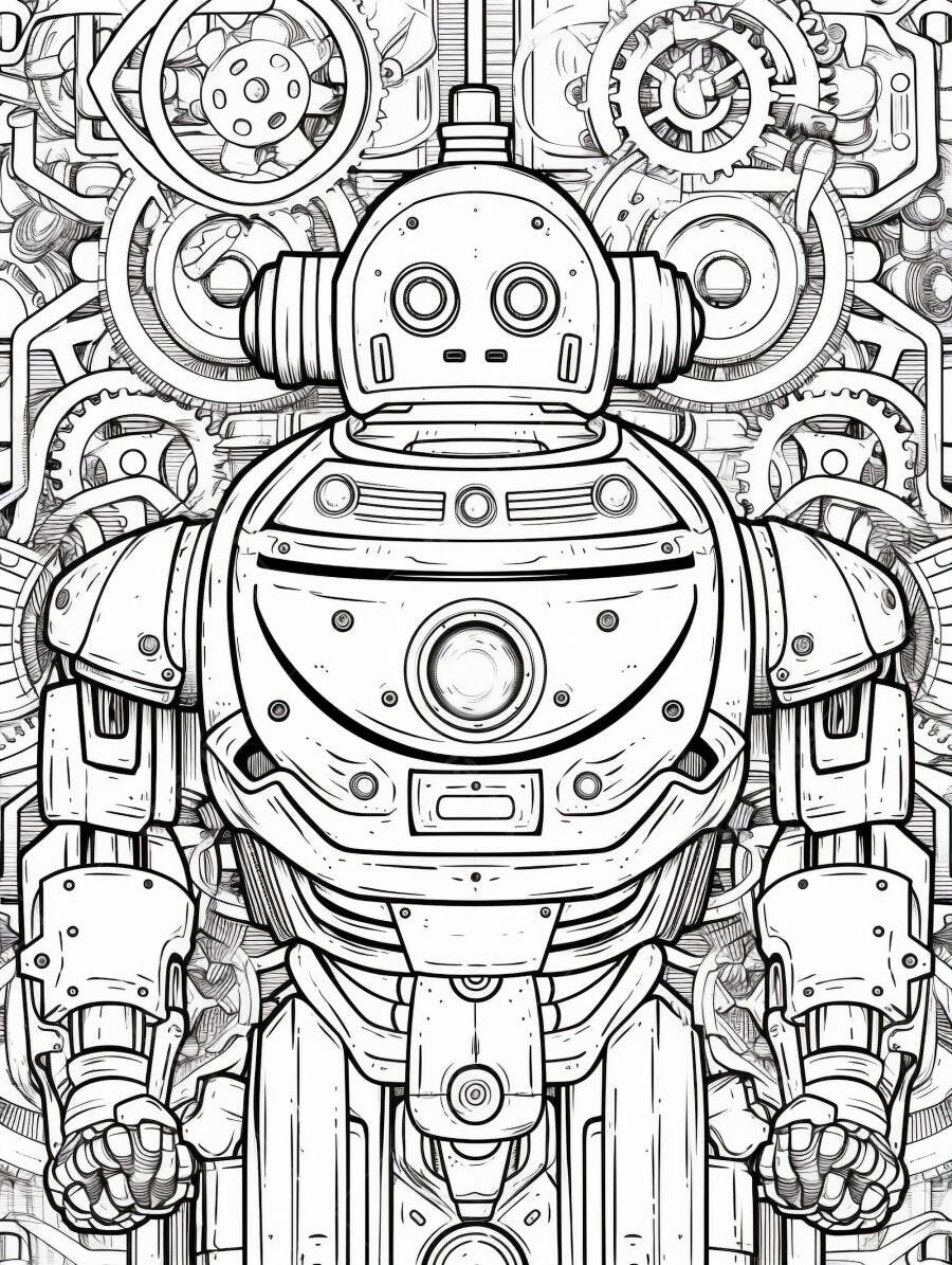 Robô retrô com engrenagens e fundo mecânico ilustração para colorir
