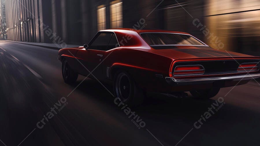 Carro esportivo clássico vermelho em alta velocidade na rua urbana noturna