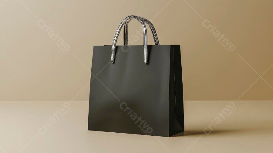 Sacola de compras preta com alças prateadas em fundo bege claro minimalista