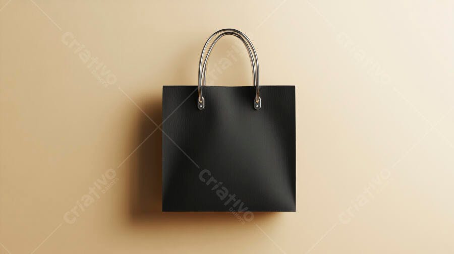 Sacola preta de compras com alças metálicas em fundo bege para maquete