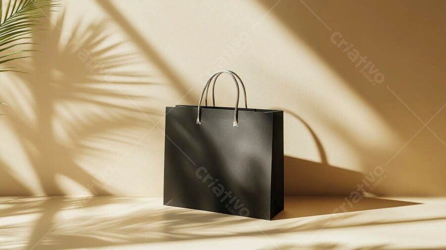 Sacola de compras preta com sombras de folhagem em fundo bege claro