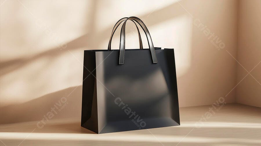 Sacola preta elegante em fundo bege minimalista com sombras suaves
