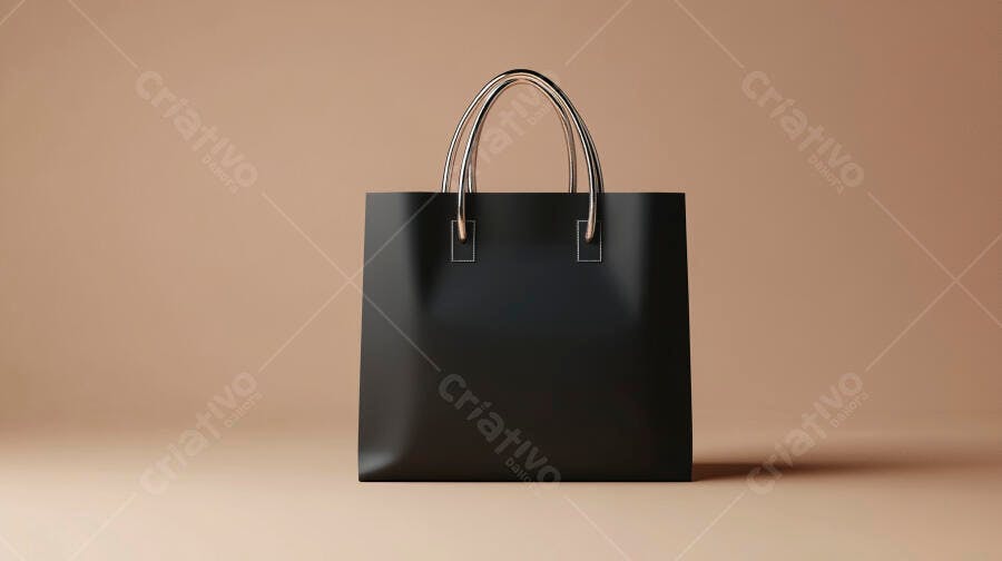 Sacola de compras preta com alças prateadas em estúdio minimalista