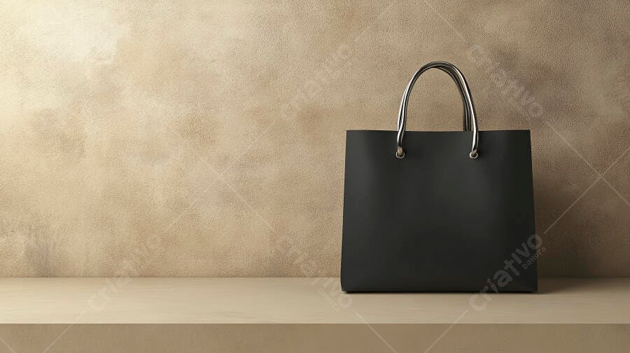 Sacola preta elegante em prateleira bege com fundo texturizado