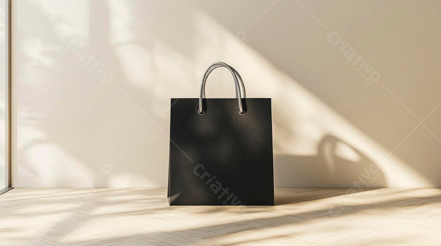 Sacola de compras preta sobre piso de madeira com luz natural e sombras