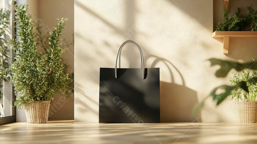 Sacola de compras preta minimalista com plantas e luz natural