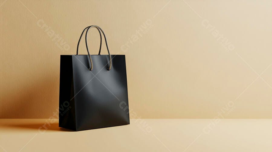 Sacola de compras preta com alças douradas em fundo bege claro minimalista