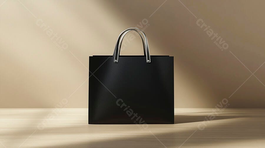 Sacola preta de compras com alças metálicas em estúdio bege minimalista