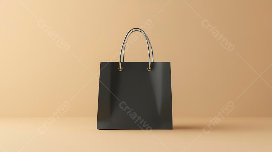 Sacola de compras preta com alças metálicas em fundo neutro