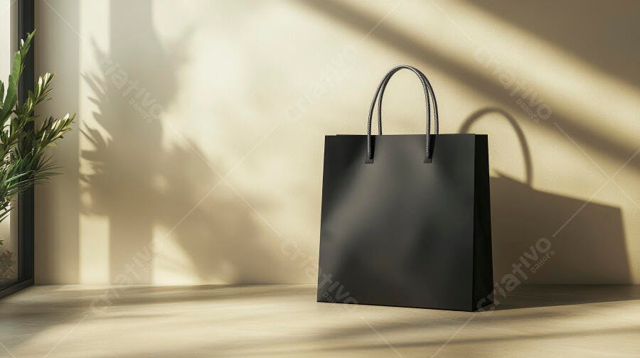 Sacola de compras preta em estúdio minimalista com luz solar e sombras