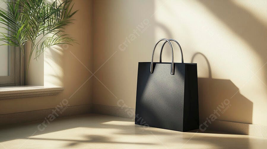 Sacola de compras preta em ambiente minimalista com planta e luz solar suave