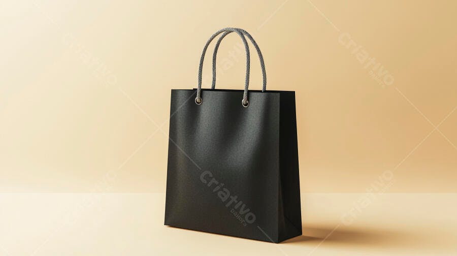 Sacola de compras preta com alças de corda cinza em fundo neutro de estúdio