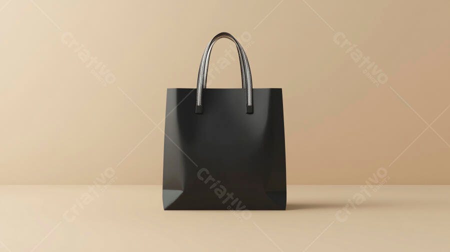 Sacola preta de compras com alças prateadas em fundo bege minimalista