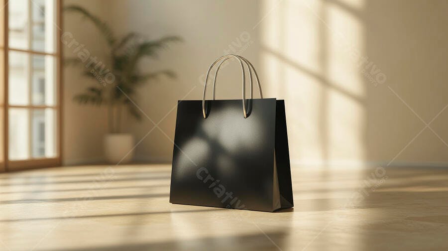 Sacola de compras preta elegante em ambiente minimalista com luz natural