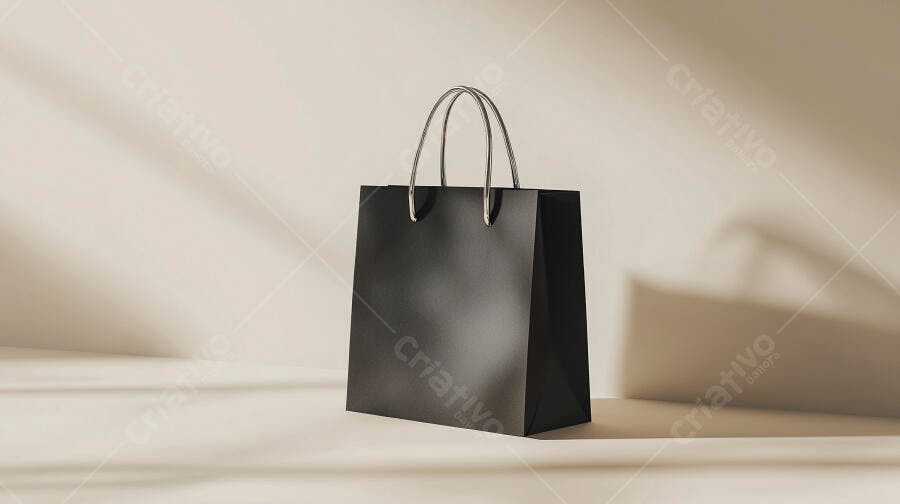 Sacola de compras preta com alças prateadas em fundo minimalista luz natural