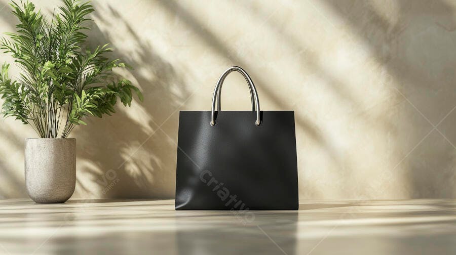 Bolsa preta minimalista com alças prateadas em estúdio com sombras de folhagem