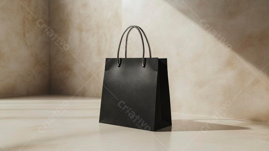 Sacola de compras preta minimalista em ambiente claro com luz natural